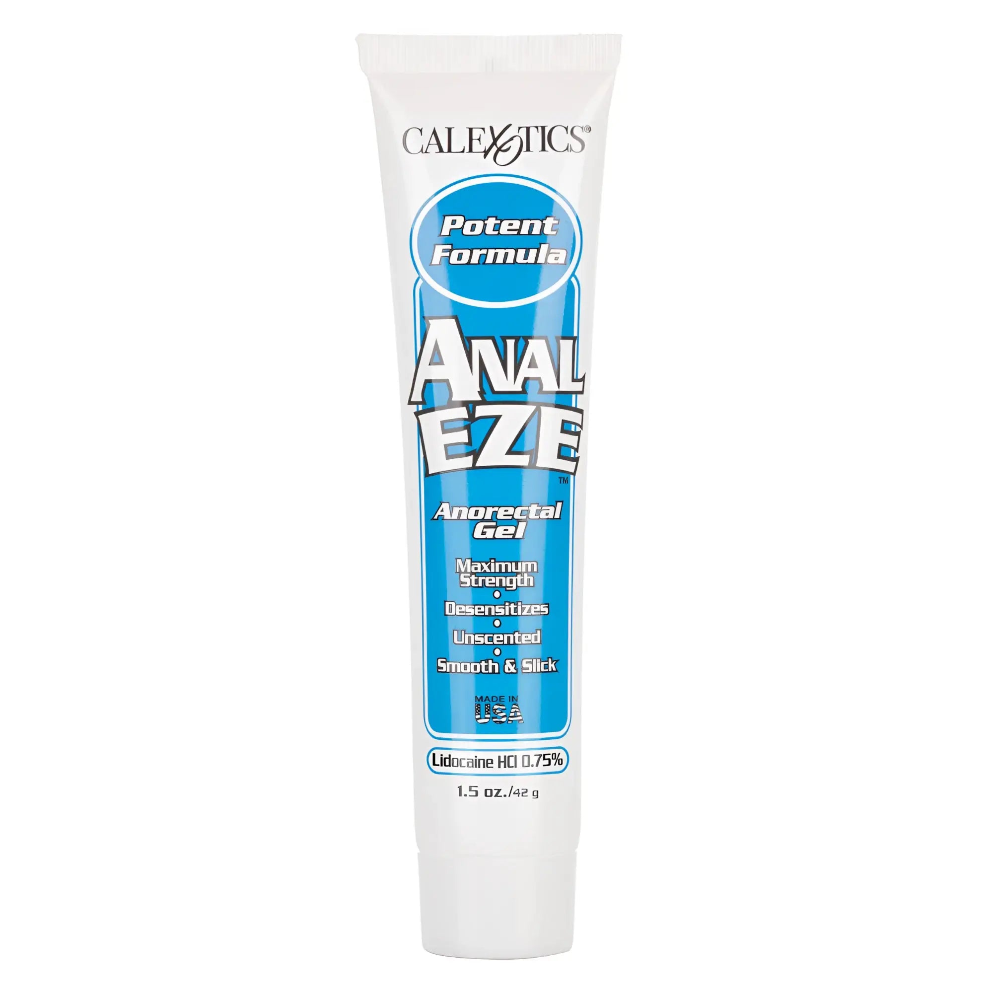 White tube of CalExotics Anal Eze desensitizing gel with blue branding and text on a white background.