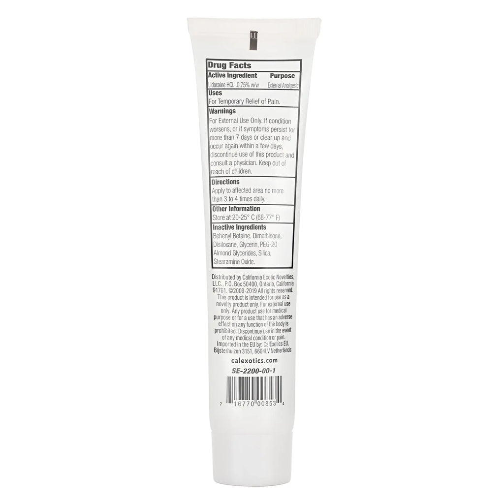 California Exotic Novelties Anal Eze cream: a white squeeze tube showing Drug Facts, ingredients, and a barcode.