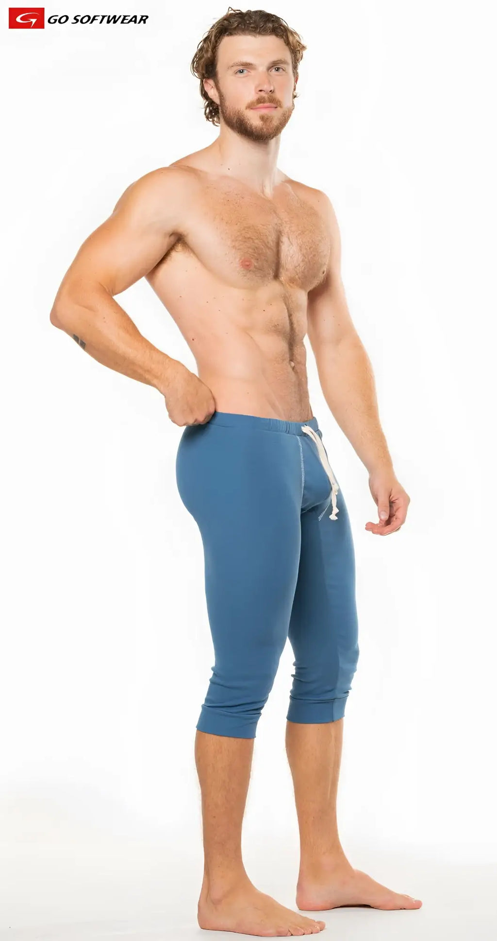 Blue california lounge 3/4 pull-on pant with white drawstring waistband in lightweight athletic fabric