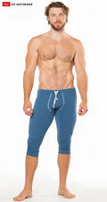 Blue capri-length california lounge 3/4 pull-on pants with white drawstring and trim for athletic wear