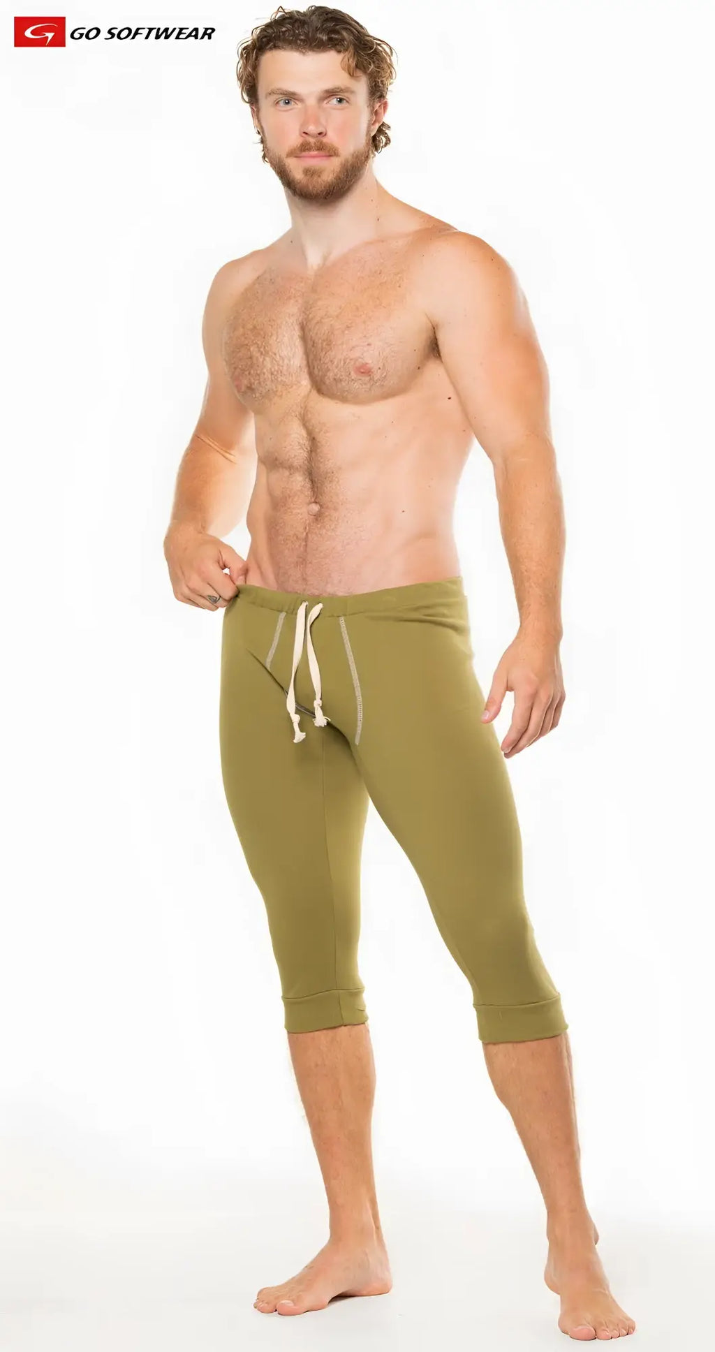 Olive green california lounge 3/4 pull-on capri pants with white drawstring waistband for athletic wear