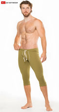 Olive green california lounge 3/4 pull-on capri pants with white drawstring waistband for athletic wear
