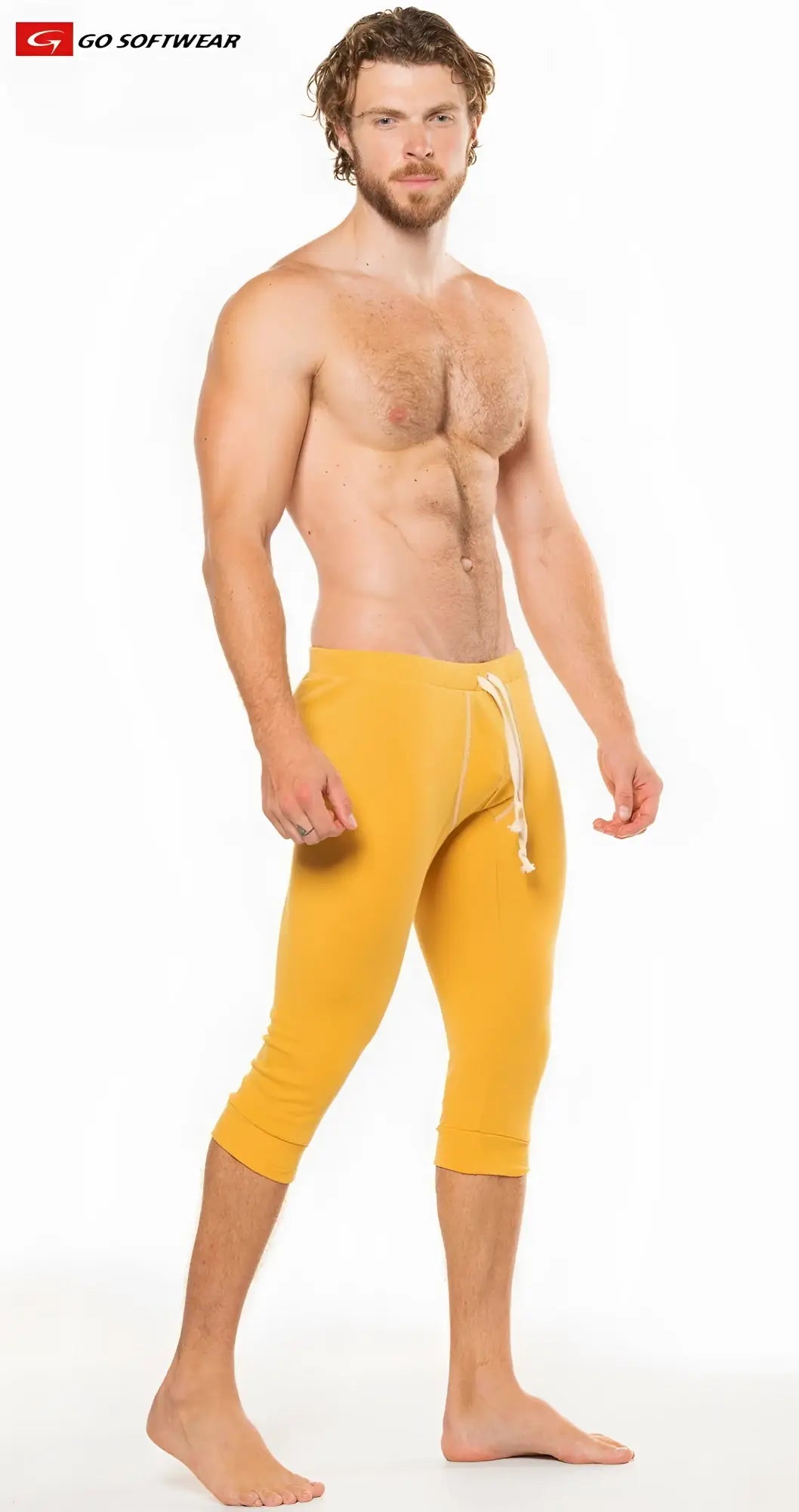 Yellow capri-length california lounge 3/4 pull-on pant with white drawstring waistband for athletic wear