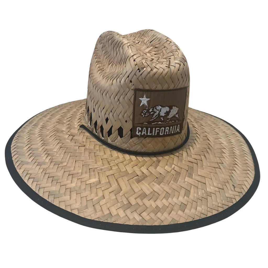 Beige woven straw lifeguard hat with black band and california bear patch for sun protection and style