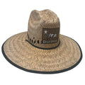 Beige woven straw lifeguard hat with black band and california bear patch for sun protection and style