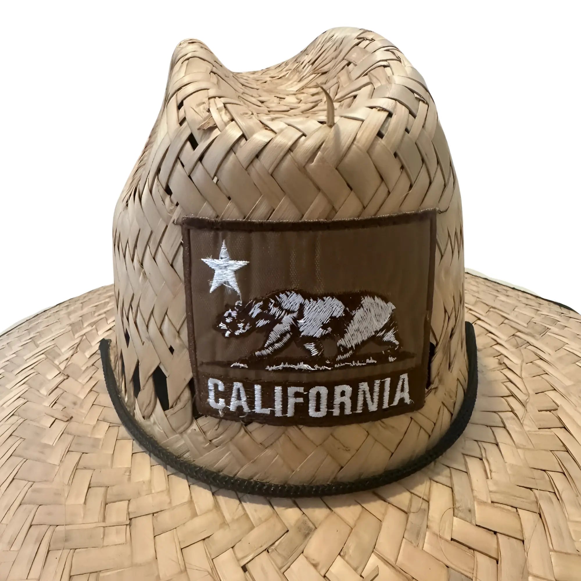 A tan woven straw cowboy hat with a brown california bear patch and black trim called California Patch Lifeguard Straw Hat