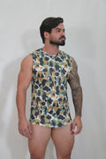 A men’s sleeveless tank top with a green brown and black camouflage pattern on a white base called camouflage open arm tank
