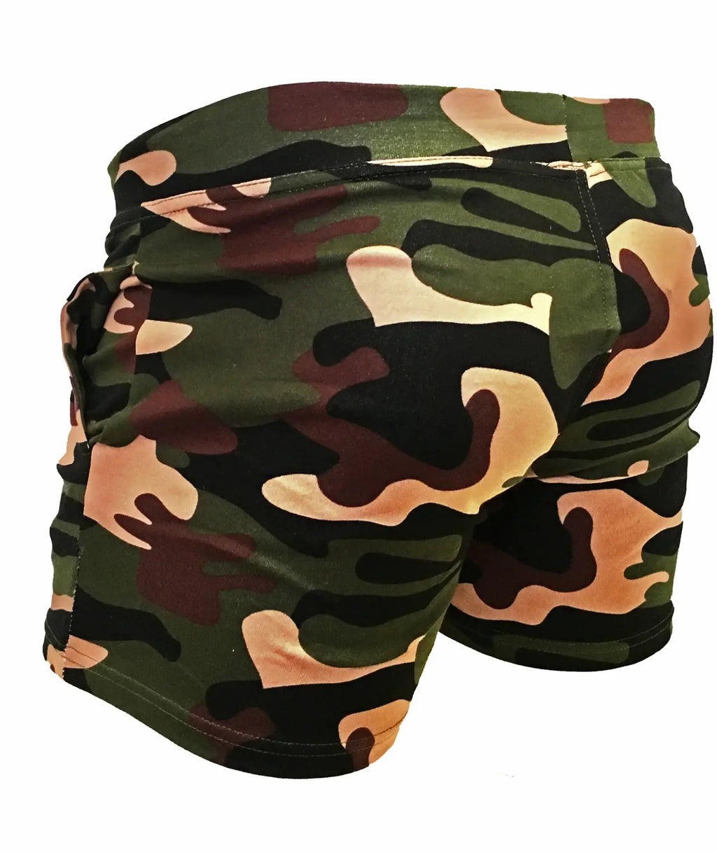 Camouflage shorts in dark green black and tan tones featuring a classic pattern for outdoor and casual wear