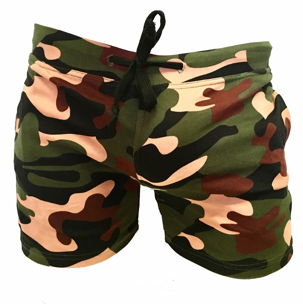 Camouflage shorts with drawstring waistband made of durable fabric ideal for casual outdoor wear