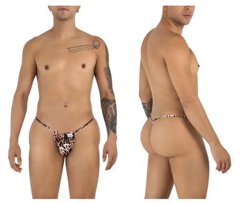 Leopard-print CandyMan 9586 g-string thong with a small white brand tag on the front in animal print color