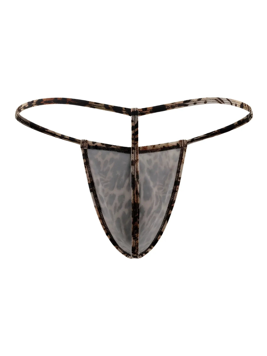 Sheer CandyMan 9586 g-string thong with leopard print and black brown patterned elastic waistband visible from back