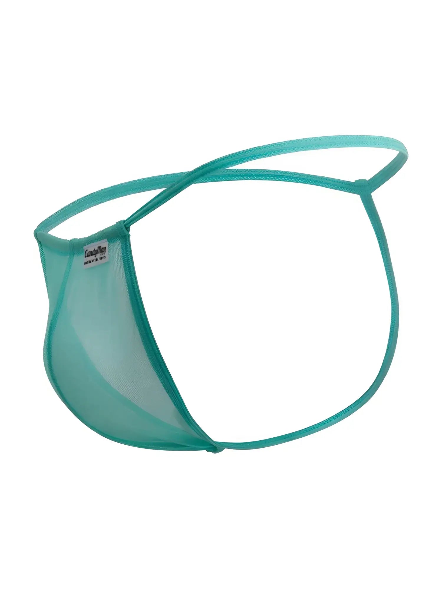 Teal mesh thong g-string with thin supportive straps and branded tag in candyMan 9586 aqua mesh design