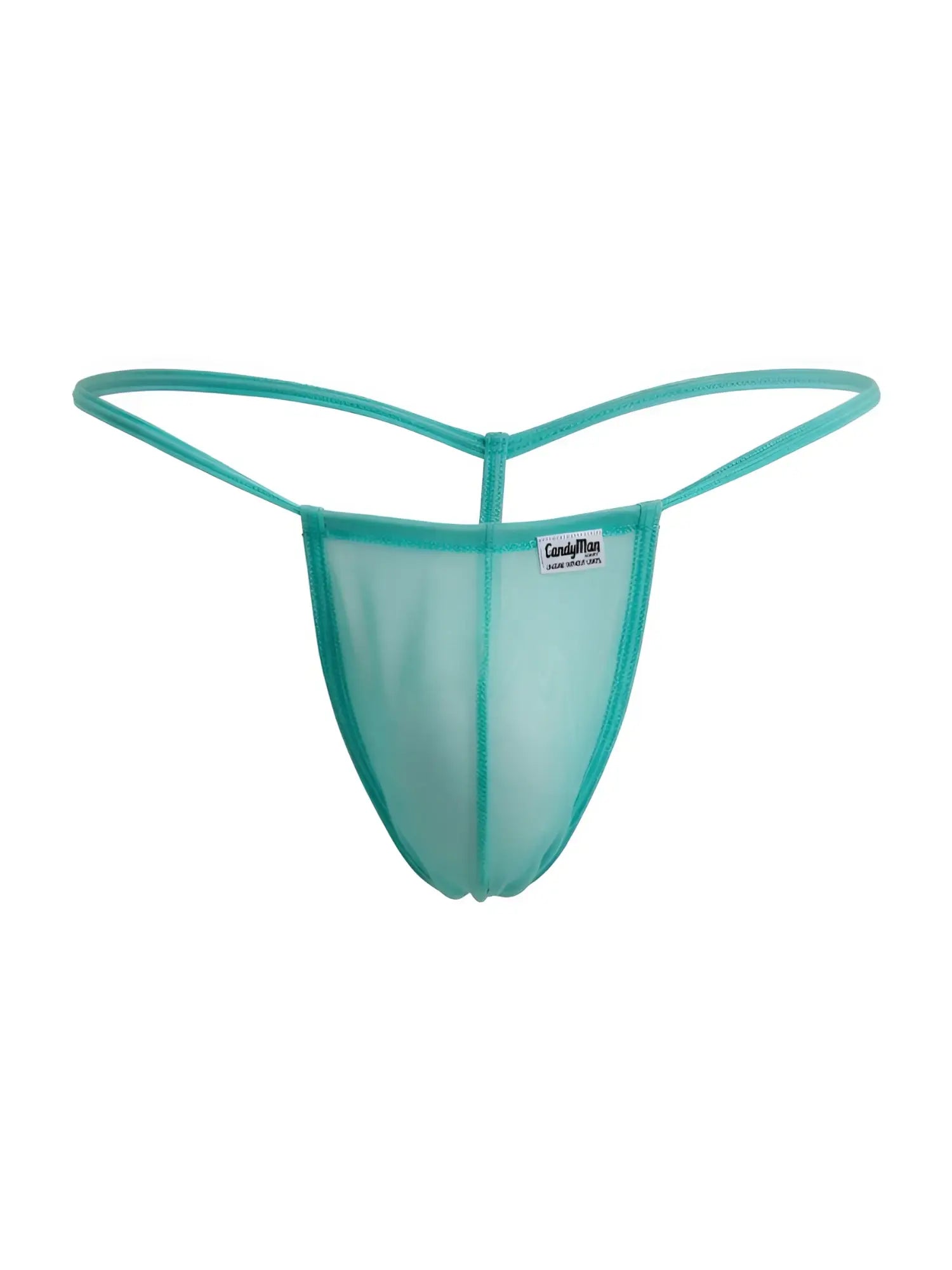 Teal mesh thong g-string with thin supportive waistband and small CandyMan brand tag in aqua mesh material