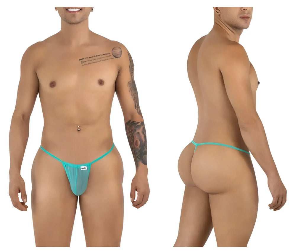 Teal mesh thong candyMan 9586 g-string with small white brand tag in aqua mesh fabric front view