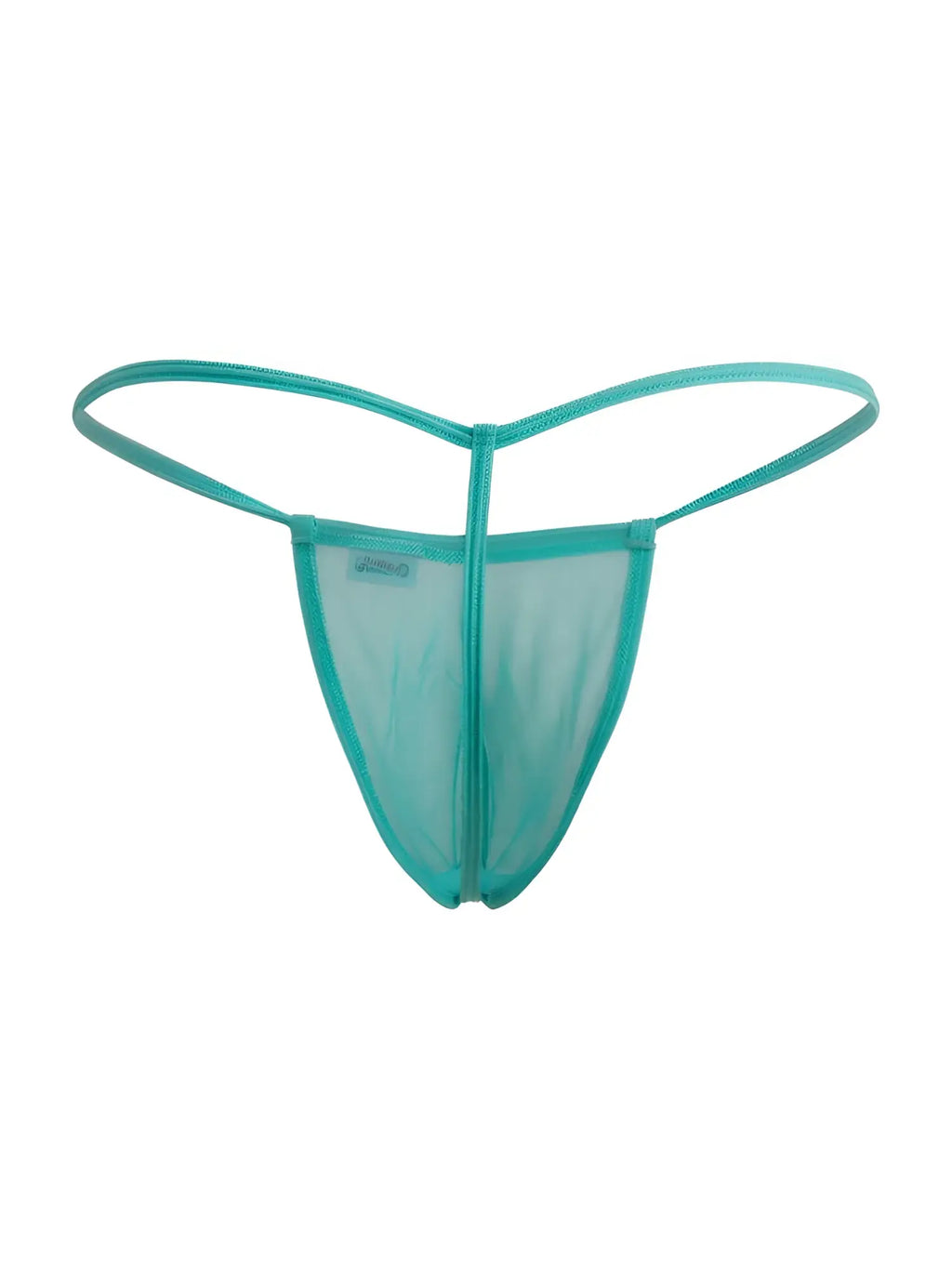 A candyMan 9586 g-string in aqua mesh with translucent teal fabric and thin elastic straps shown from the front