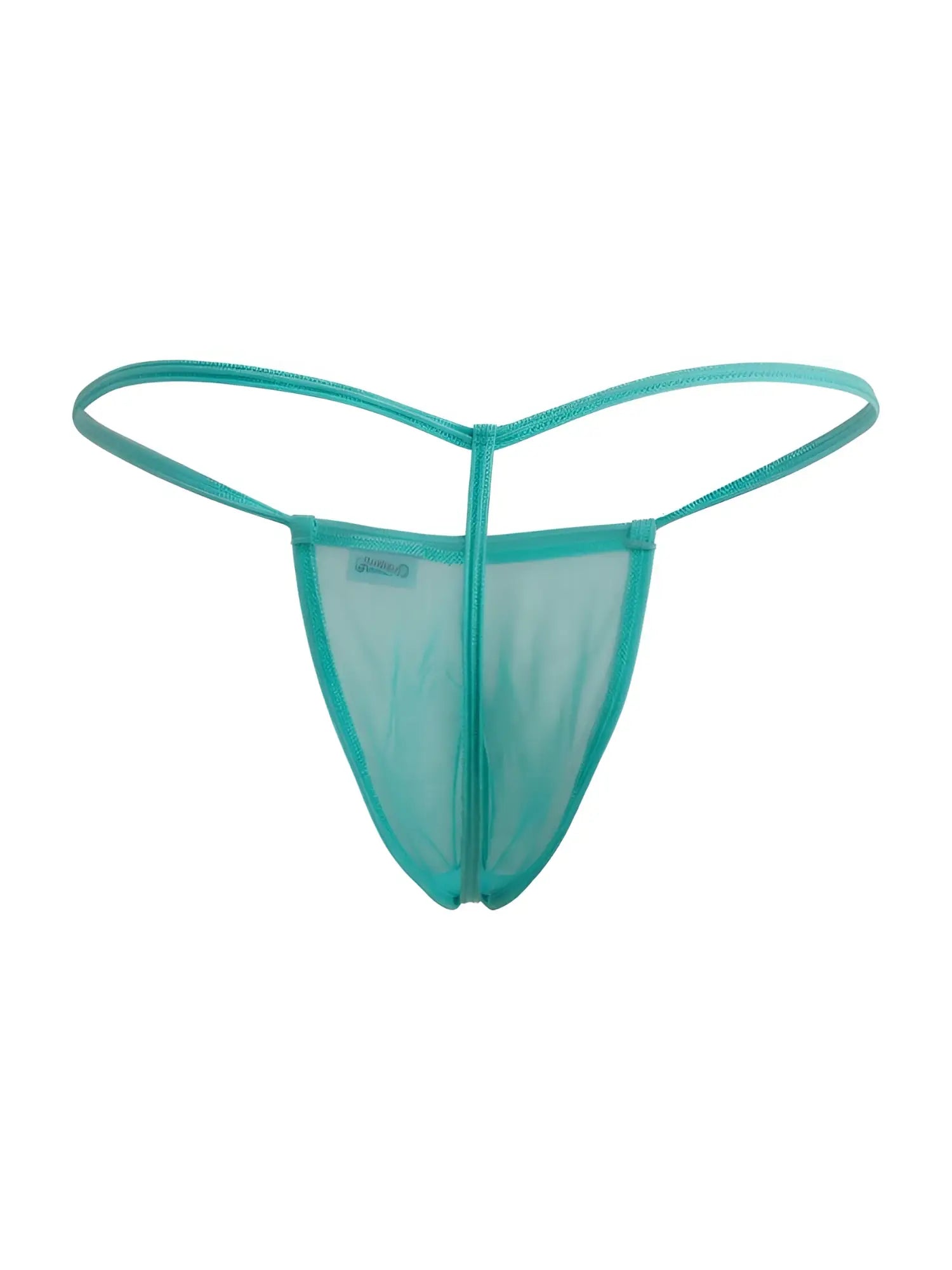 A candyMan 9586 g-string in aqua mesh with translucent teal fabric and thin elastic straps shown from the front