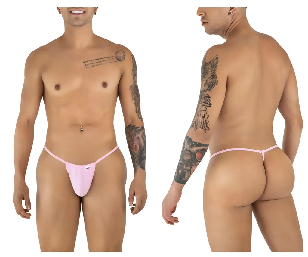 Pink thong candy man 9586 g-string in baby pink with thin seamless design and small brand logo on the front