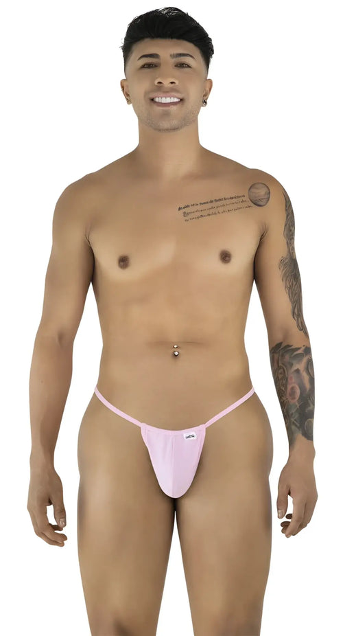 Pink candyMan 9586 g-string thong with a small white logo on the front in baby pink color