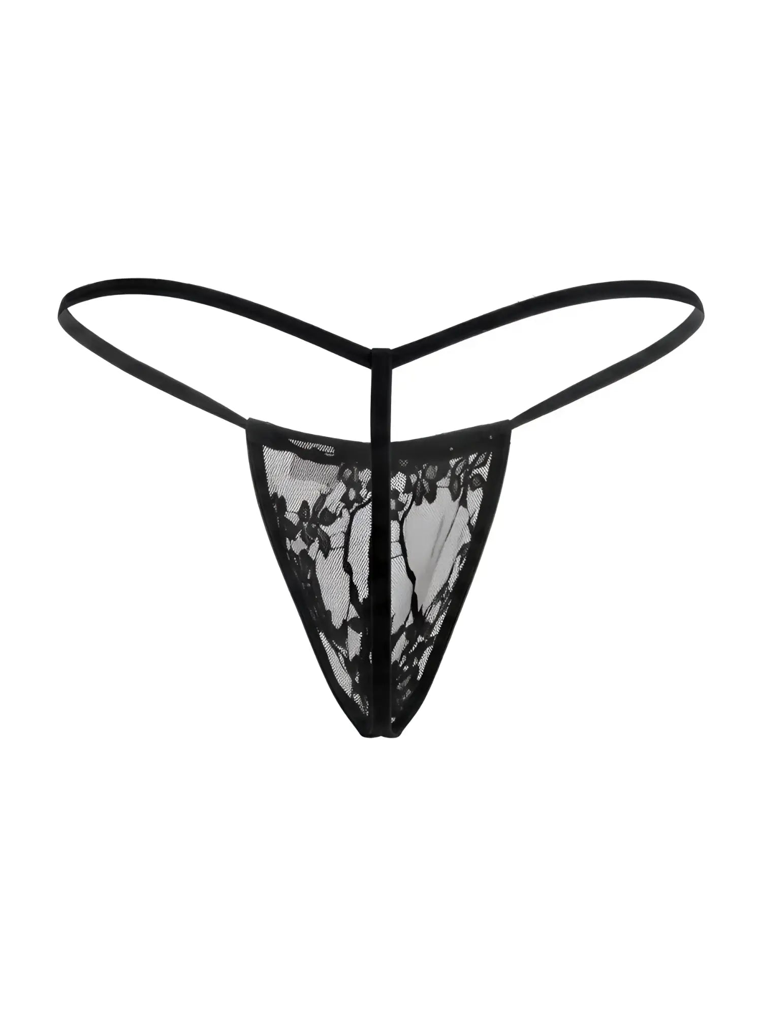 Black lace thong CandyMan 9586 g-string with delicate floral patterns and thin supportive straps in black lace