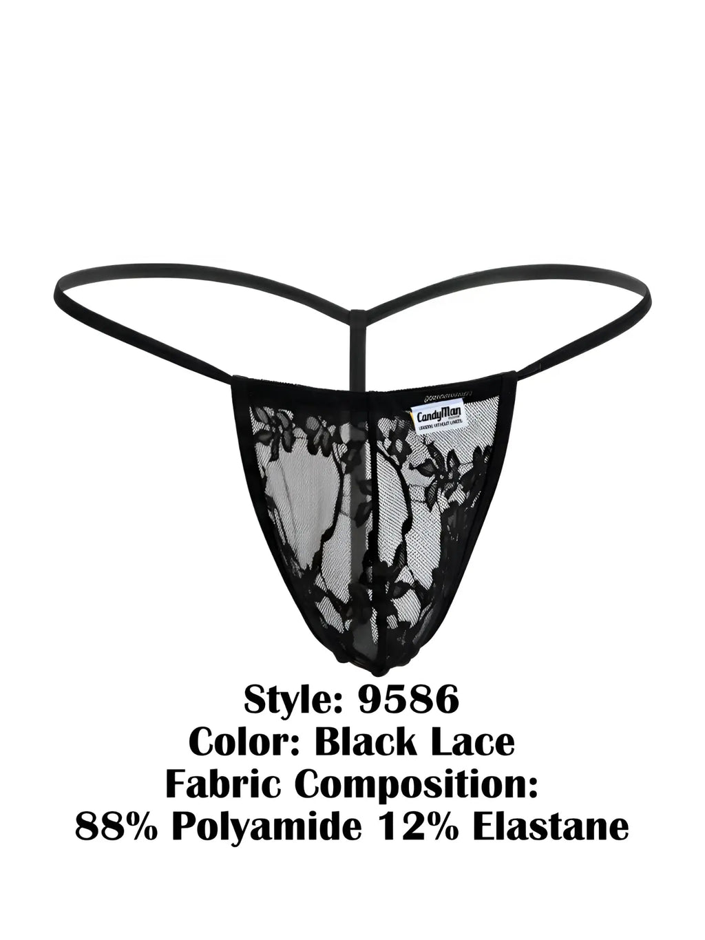 Black lace thong g-string candyMan 9586 with delicate floral patterns and thin elastic band for support