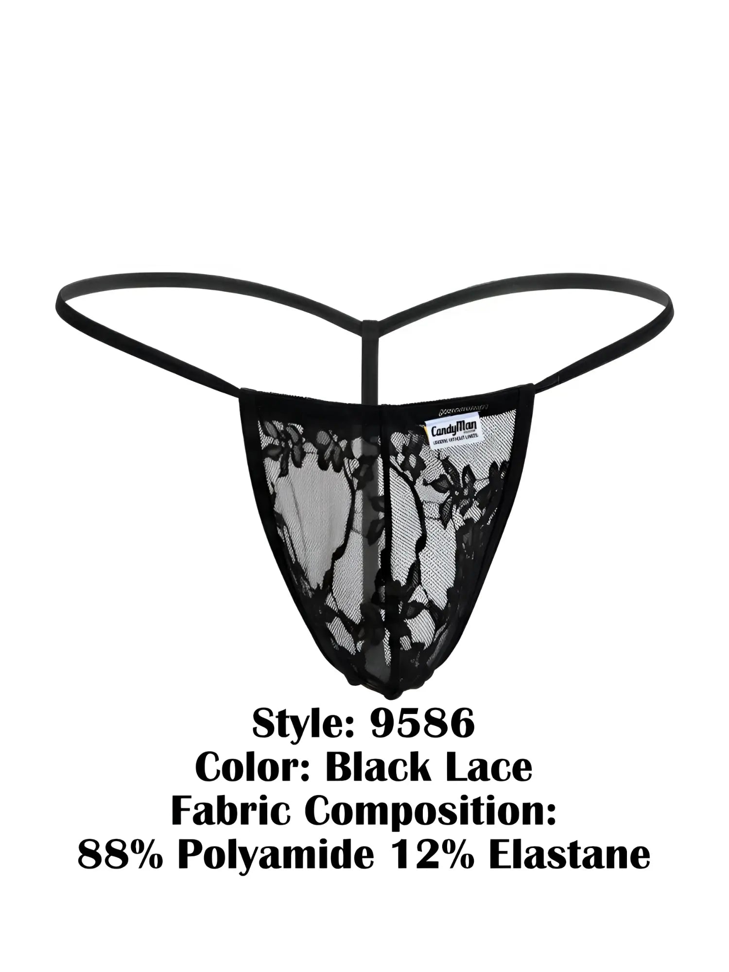Black lace thong g-string candyMan 9586 with delicate floral patterns and thin elastic band for support