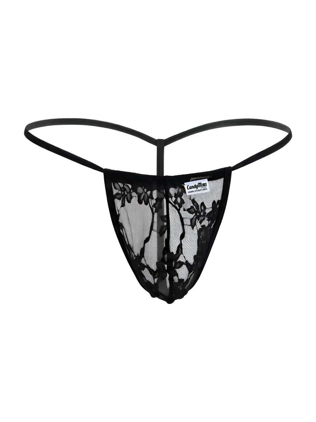 Black lace thong g-string with delicate floral pattern and thin supportive straps candyMan 9586 in black lace