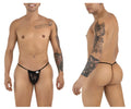 Black lace thong g-string with thin elastic waistband and small white CandyMan brand tag on the front