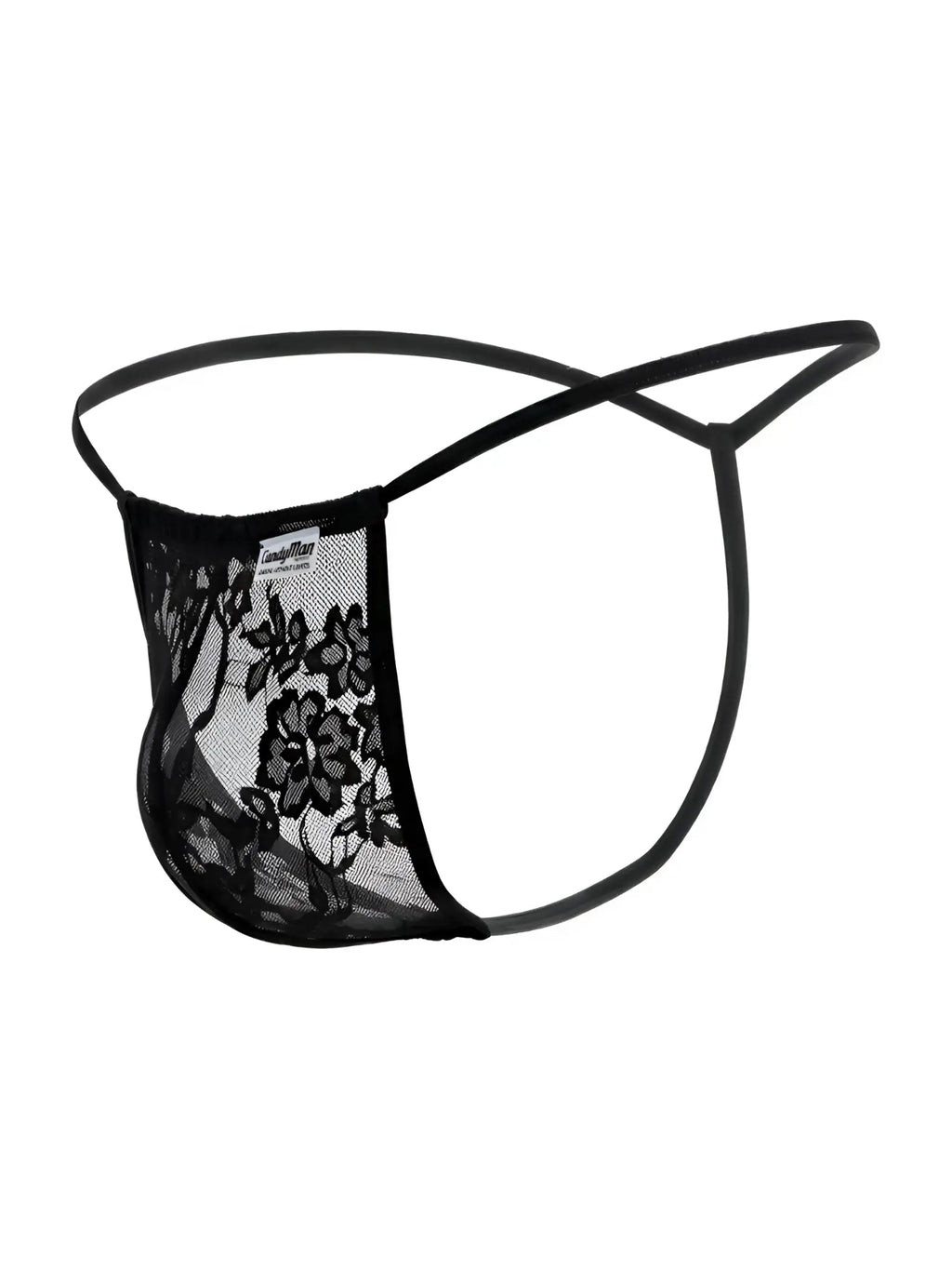Black lace thong g-string with floral pattern and thin elastic straps by candyman model 9586 in black color