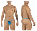 Blue gradient CandyMan 9586 g-string thong with subtle sheen and small white logo on front