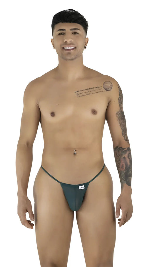 Dark green candyMan 9586 g-string minimalist thong with bottle green mesh and small white brand tag at front