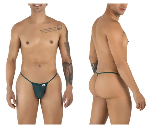 Dark green mesh thong g-string with thin elastic waistband and white brand tag candy man 9586 color bottle green mesh