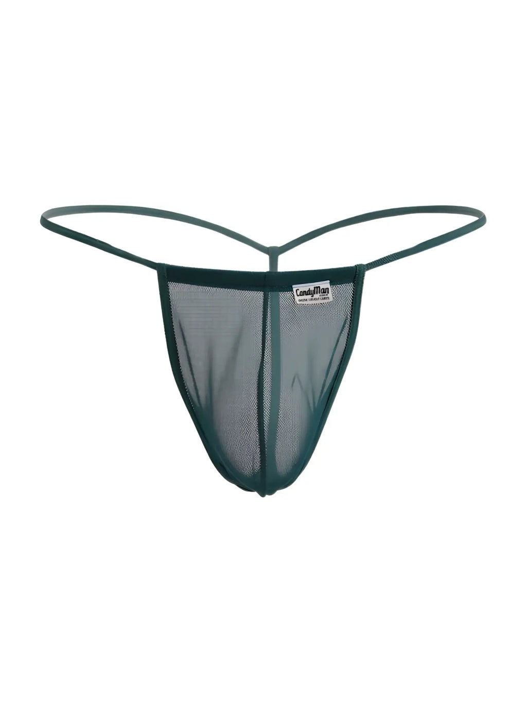 Dark green mesh thong g-string with thin elastic straps and brand tag candyMan 9586 in bottle green mesh