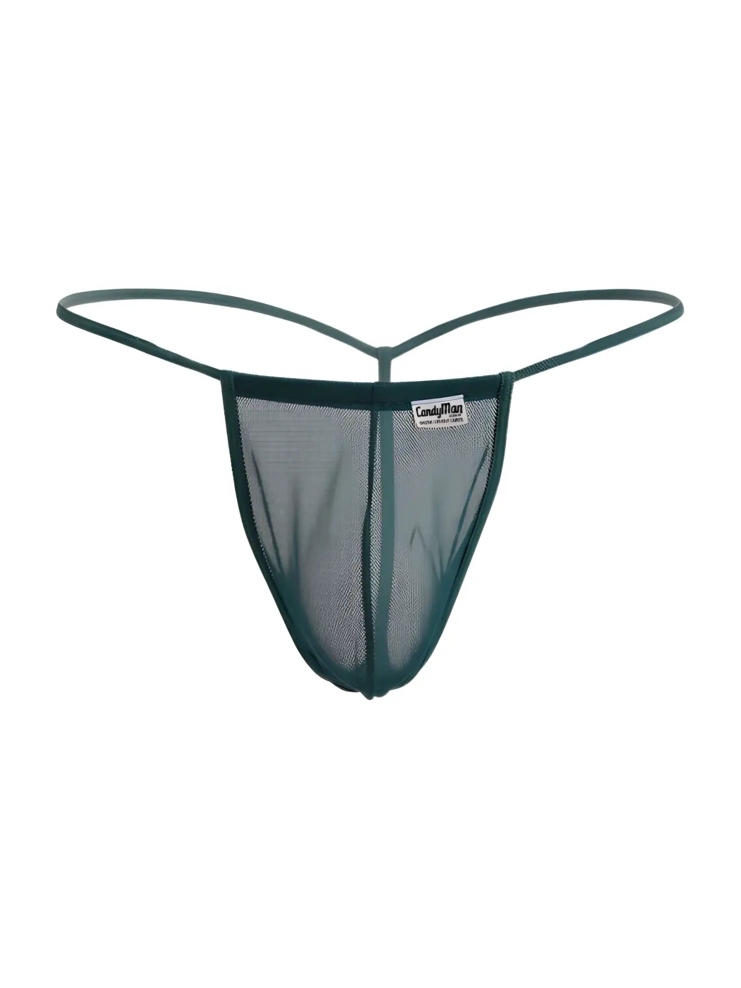 Dark green mesh thong g-string with thin elastic straps and brand tag candyMan 9586 in bottle green mesh