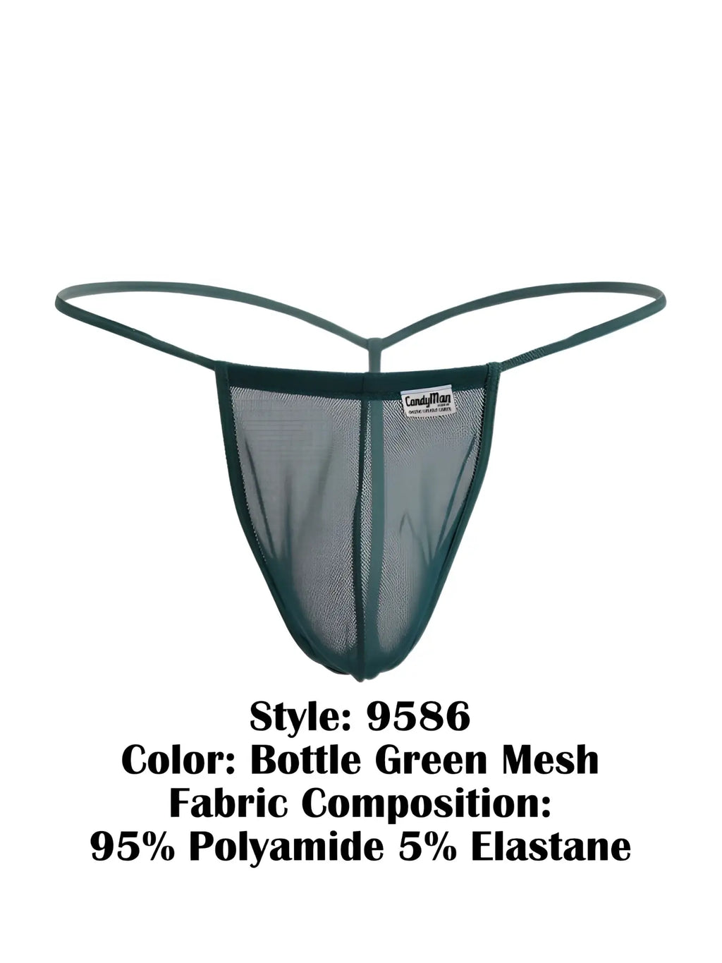 CandyMan 9586 g-string bottle green mesh thong with thin elastic straps and branded label at center front