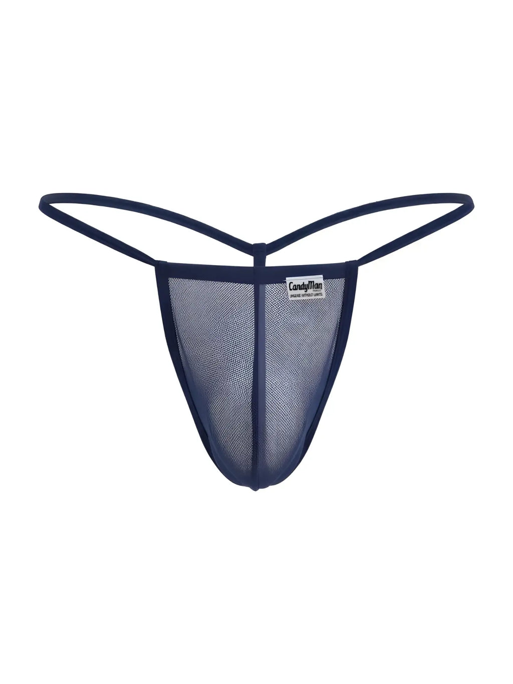 Navy blue mesh thong with thin elastic straps and a small CandyMan brand tag in dark blue mesh color