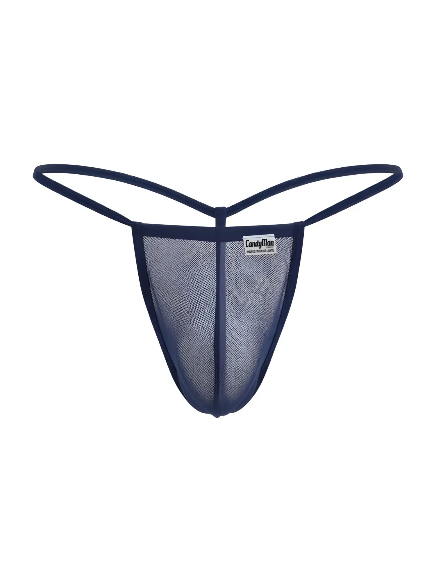 Navy blue mesh thong with thin elastic straps and a small CandyMan brand tag in dark blue mesh color