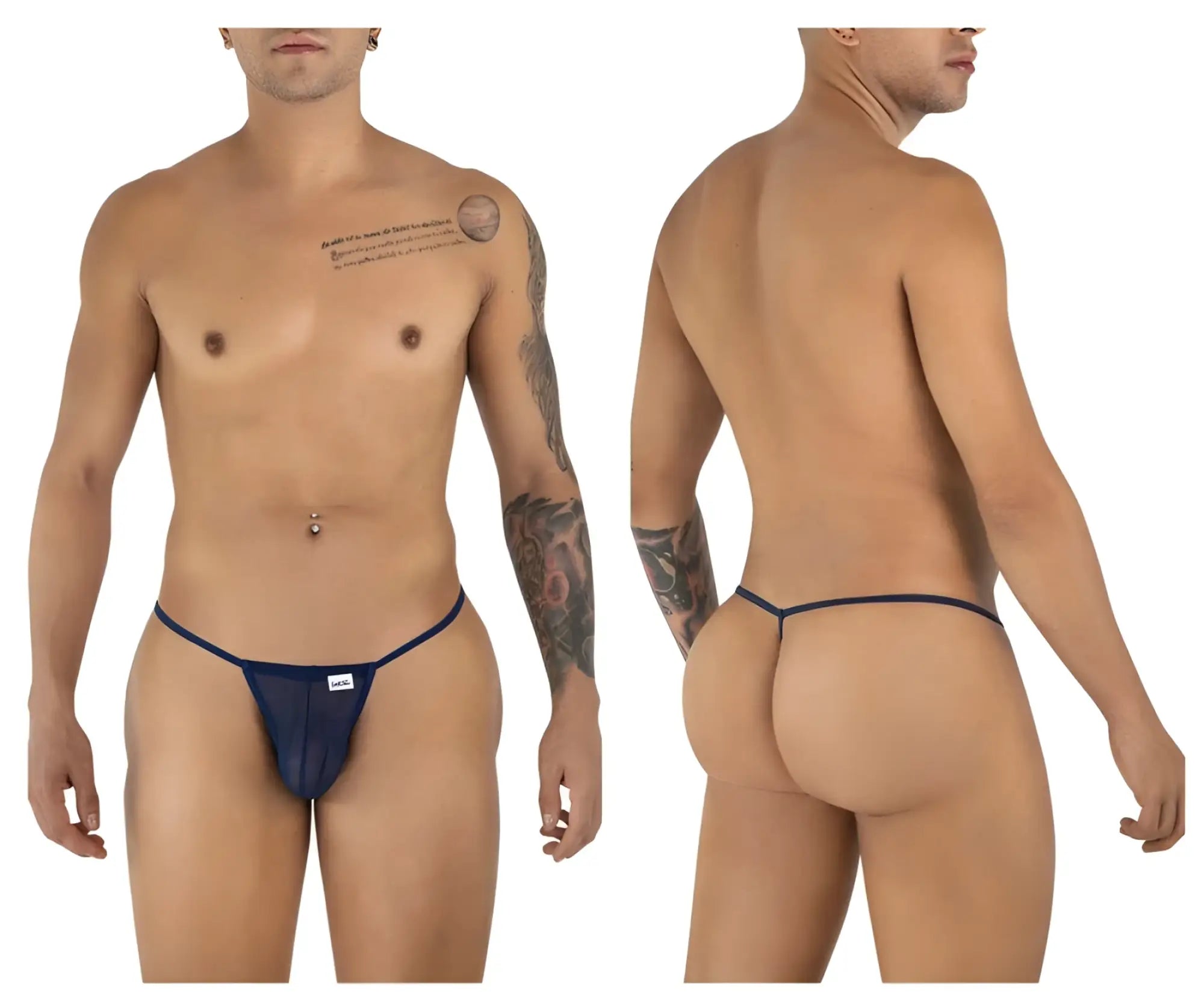 Navy blue CandyMan 9586 g-string thong in mesh fabric with a small white brand tag on the front