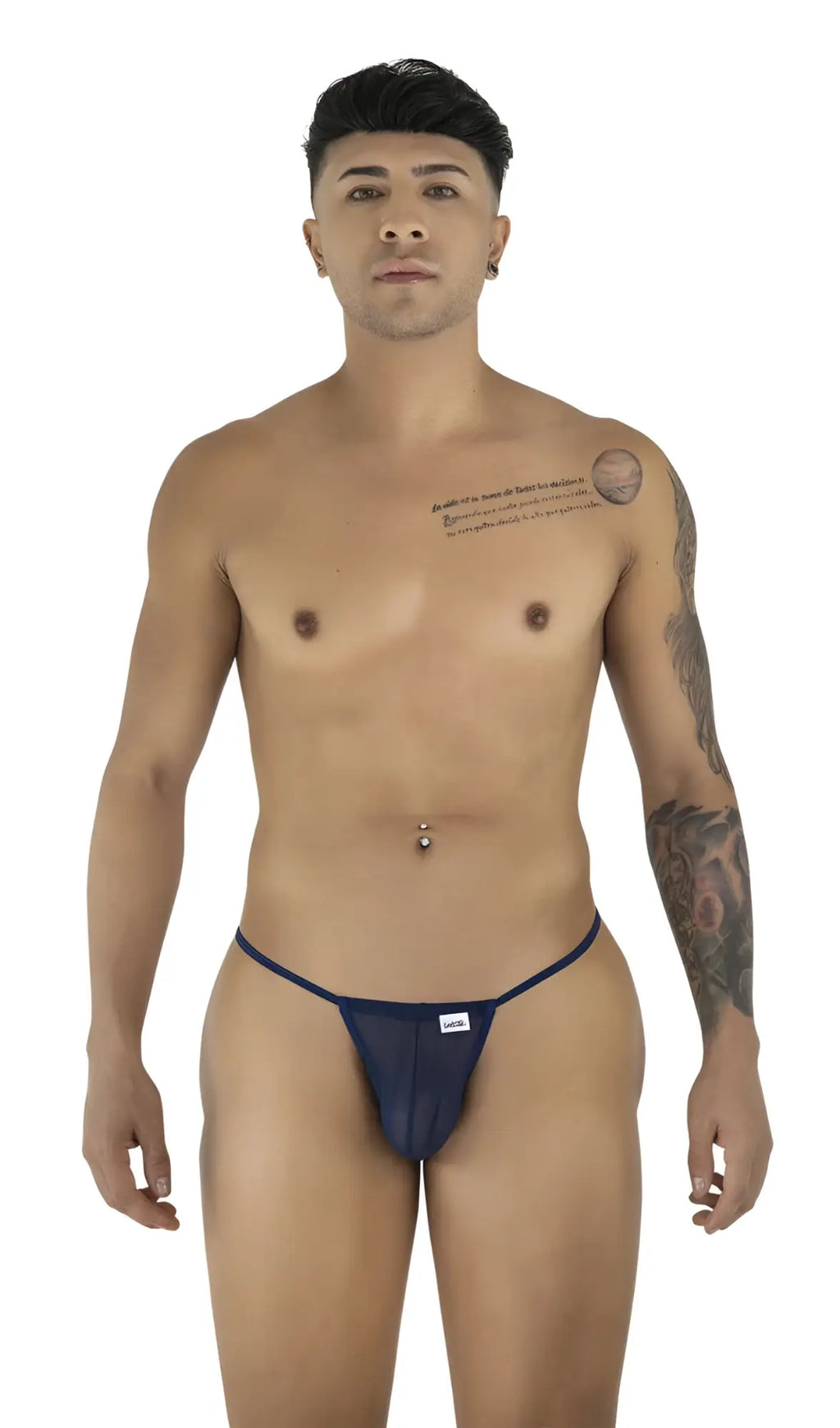 Navy blue CandyMan 9586 G-string thong with dark blue mesh fabric and a small white brand tag on the front