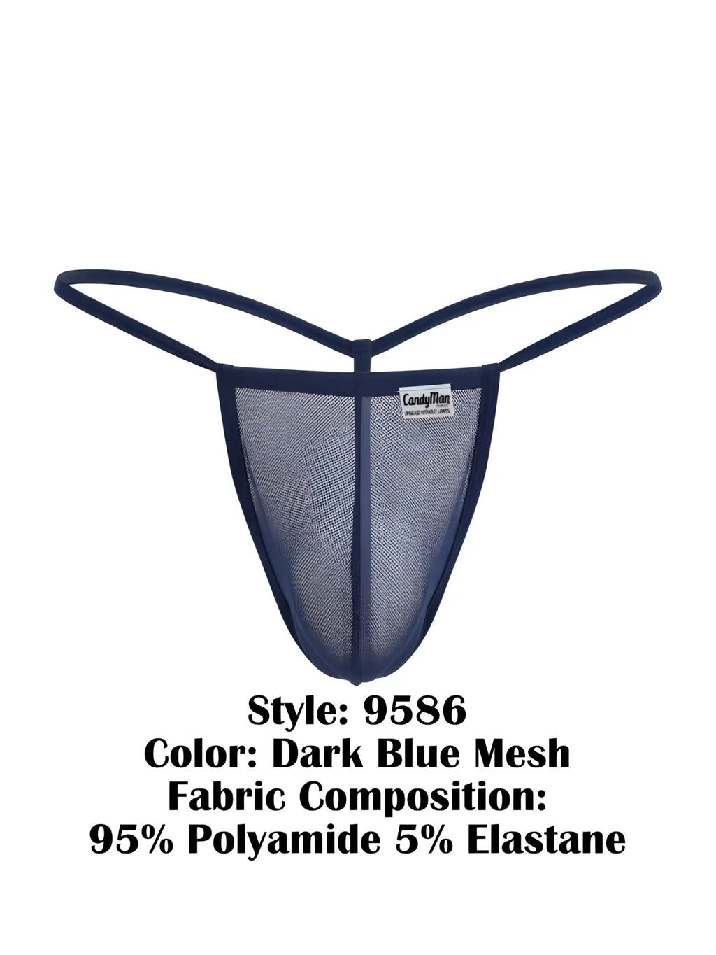 Dark blue mesh CandyMan 9586 g-string thong with thin supportive straps and branded label at center front
