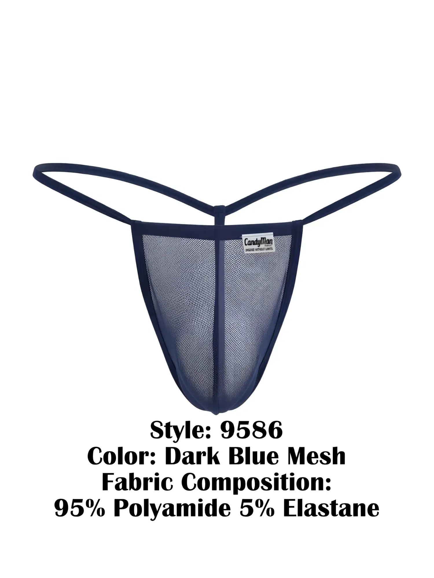 Dark blue mesh CandyMan 9586 g-string thong with thin supportive straps and branded label at center front