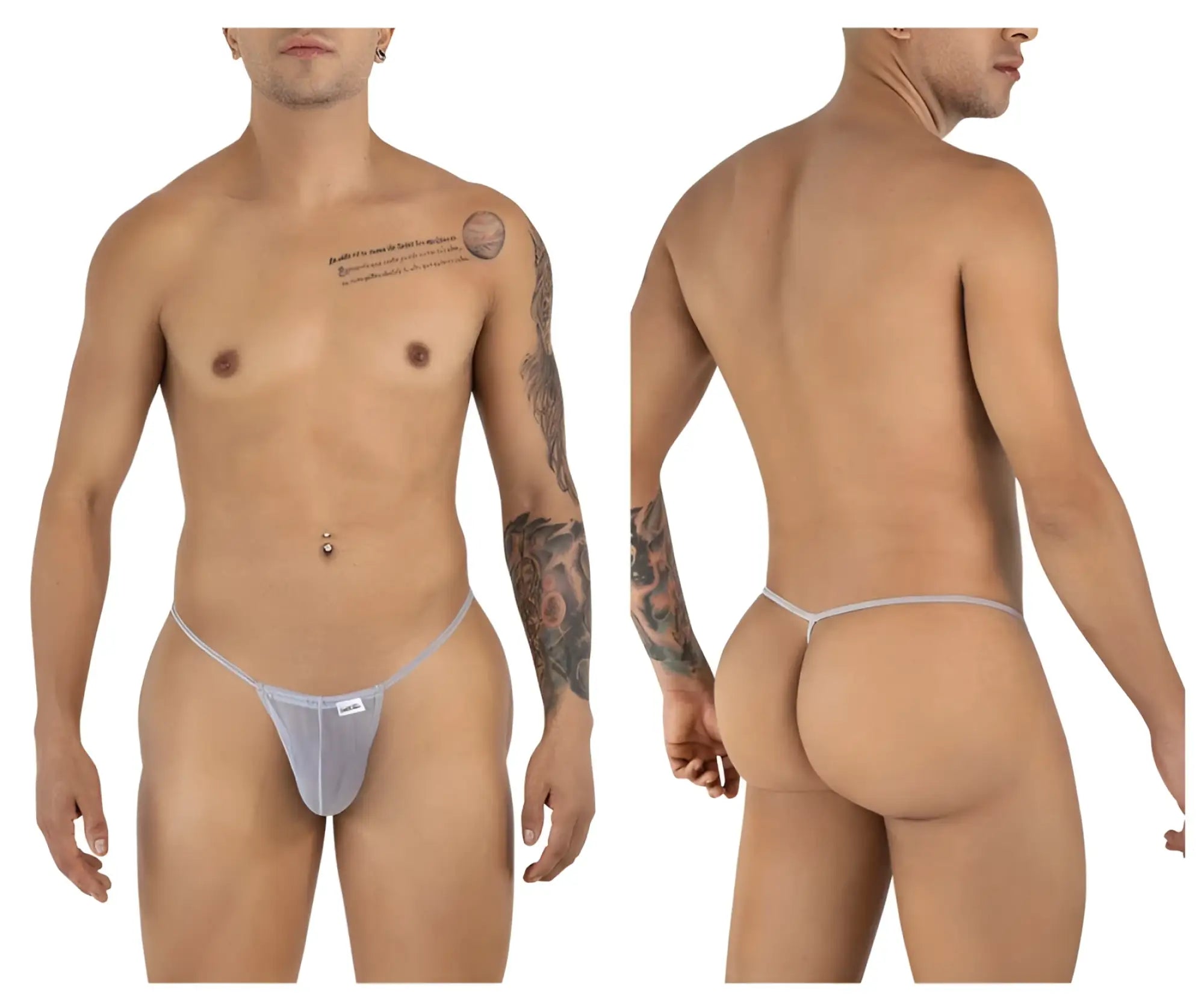 Light gray CandyMan 9586 g-string mesh thong with sheer fabric and a small white brand tag at the front