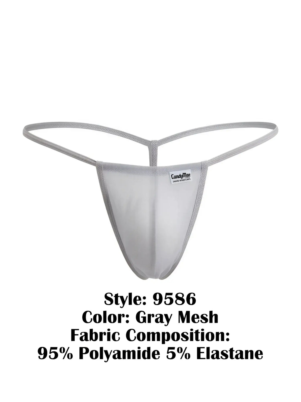 Gray mesh thong g-string by candyman 9586 with sleek form-fitting design and thin elastic straps shown from the back