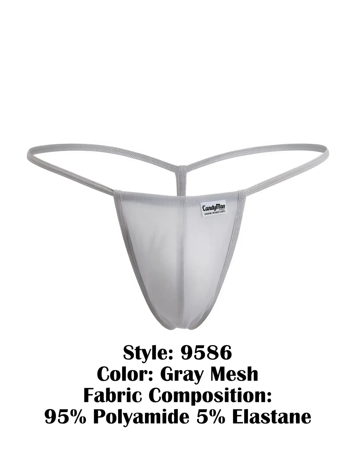 Gray mesh thong g-string by candyman 9586 with sleek form-fitting design and thin elastic straps shown from the back