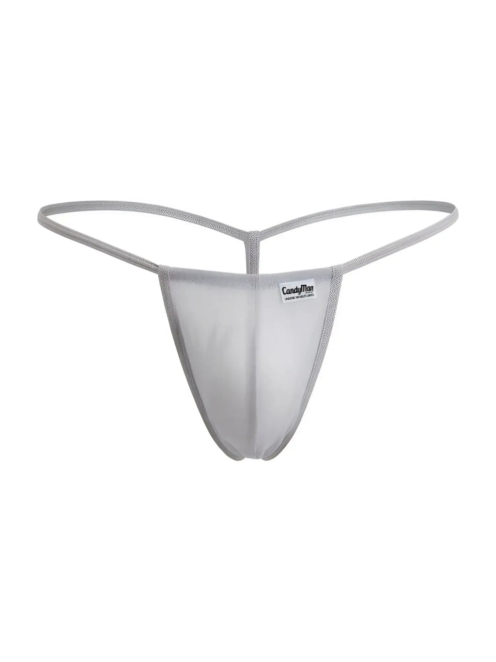CandyMan 9586 gray mesh thong with subtle sheen and reinforced elastic bands shown from the back side