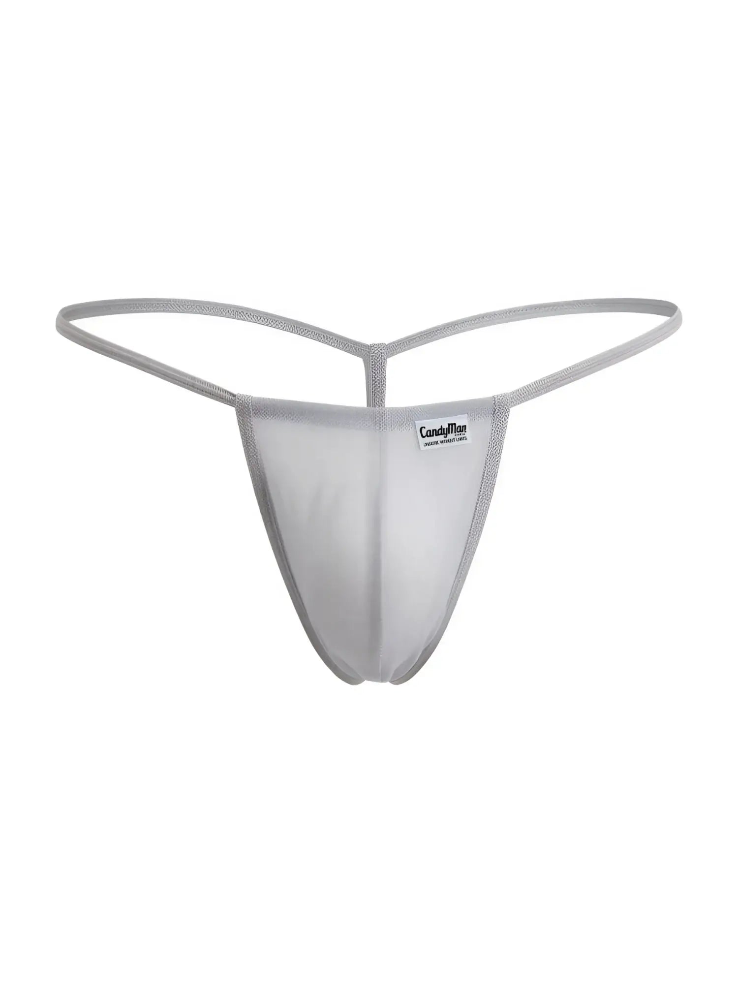 CandyMan 9586 gray mesh thong with subtle sheen and reinforced elastic bands shown from the back side