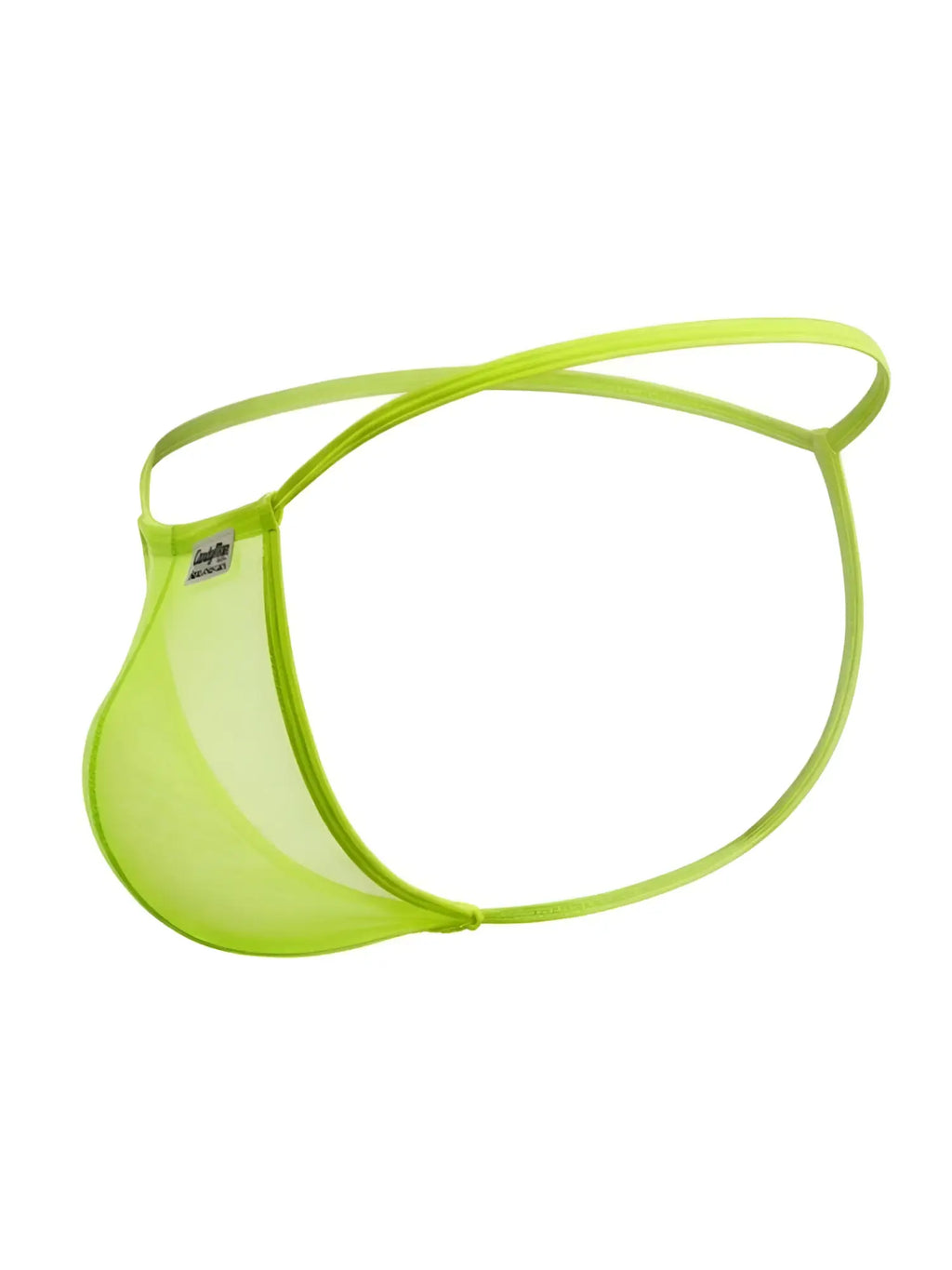 Bright neon green sheer mesh CandyMan 9586 g-string thong with thin elastic band shown from the back side