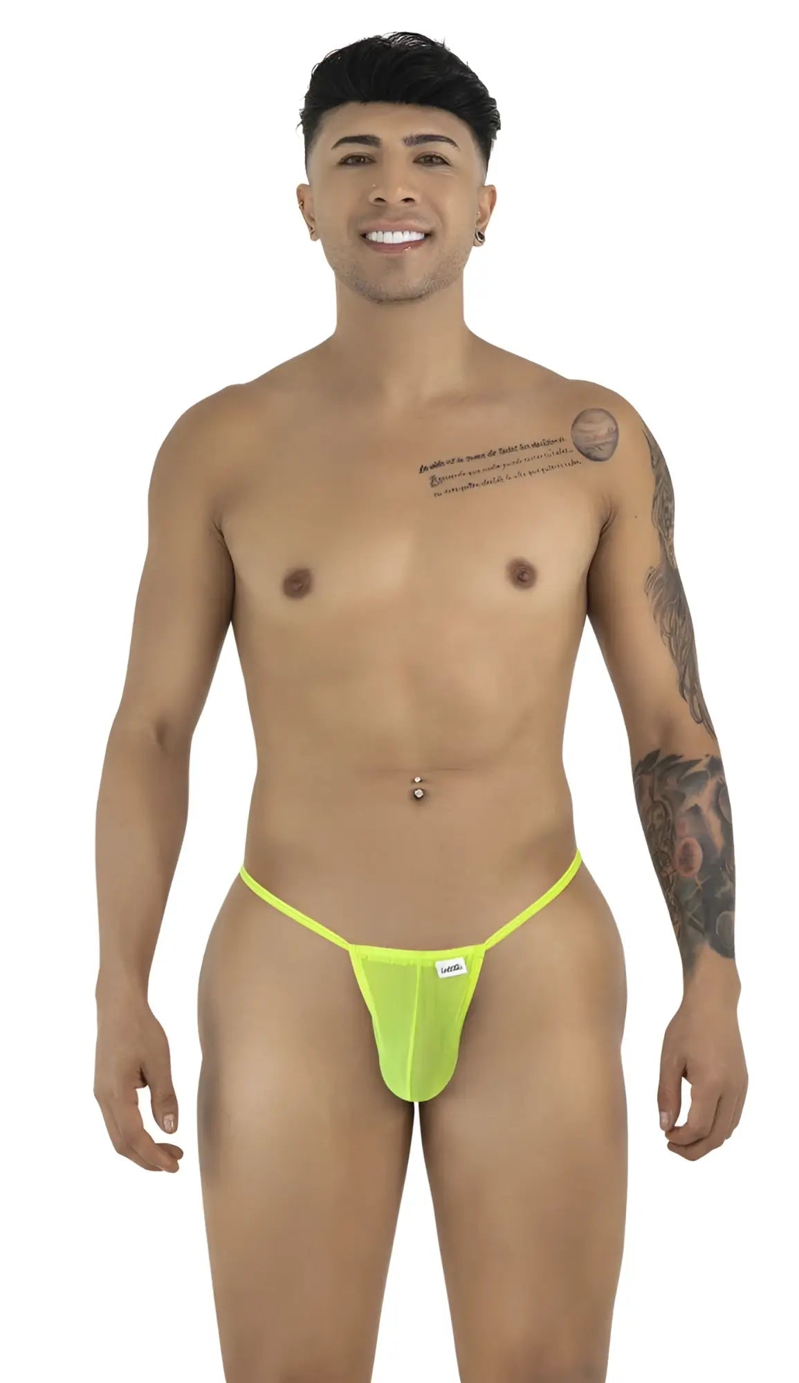 Bright neon green candyMan 9586 g-string thong with hot green mesh fabric and small white brand tag on the side