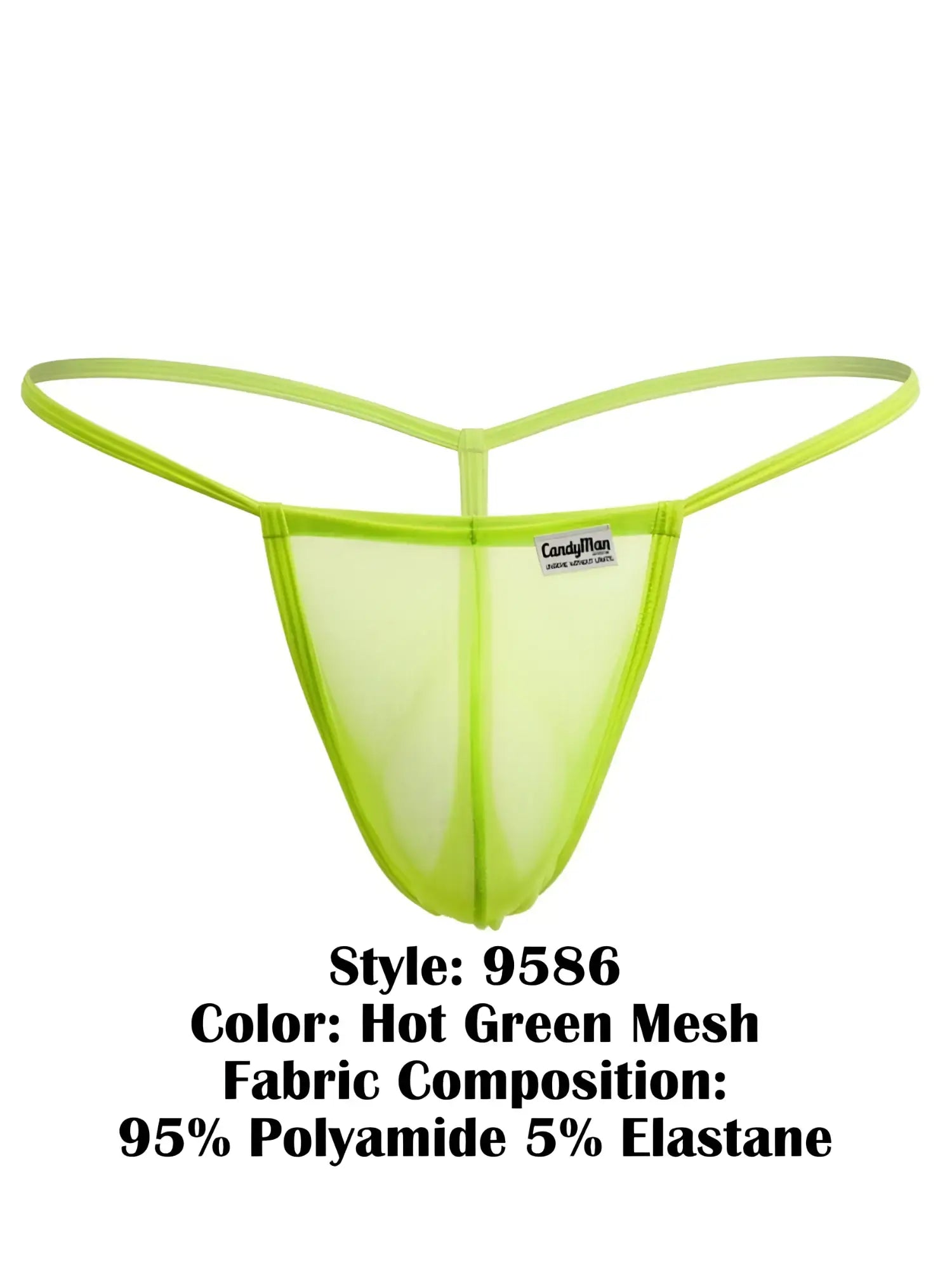 Hot green mesh candyMan 9586 g-string thong with a sleek form-fitting design and thin elastic straps visible from the back