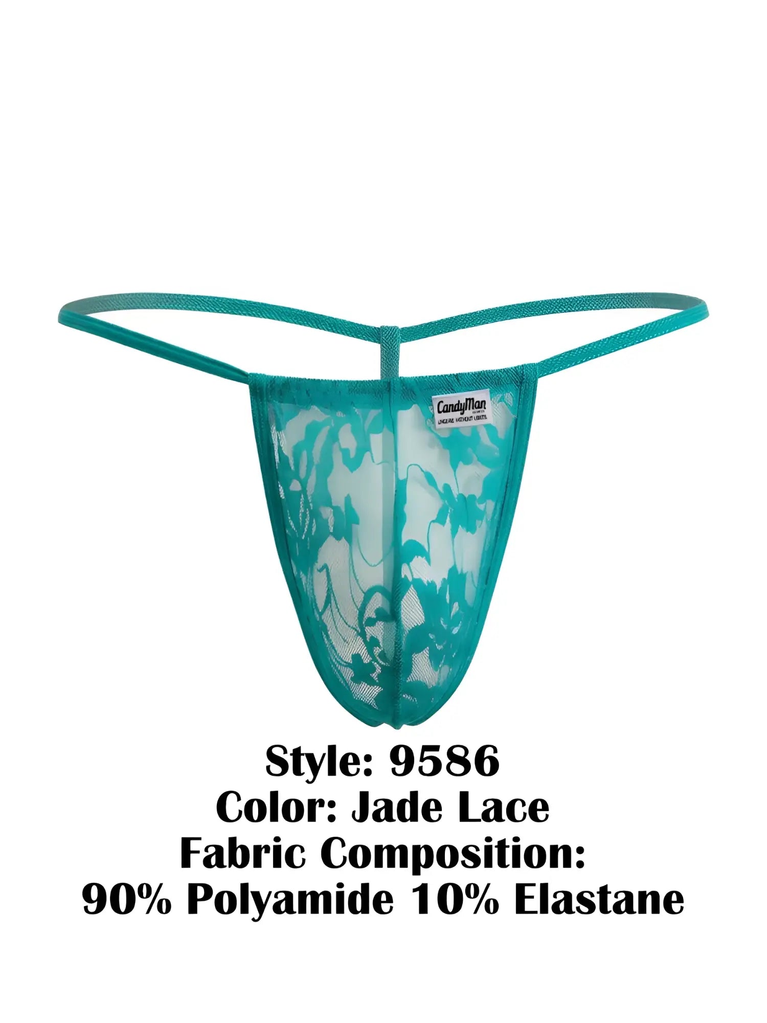 Teal lace candy man 9586 g-string with delicate floral pattern and thin matching elastic straps in jade lace