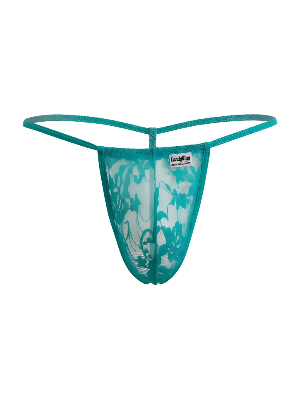 Teal lace thong with floral pattern and brand tag candyMan 9586 g-string color jade lace viewed from the back